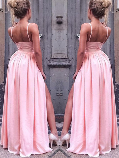A-Line/Princess Sleeveless Straps Floor-Length Ruched Crepe Dresses