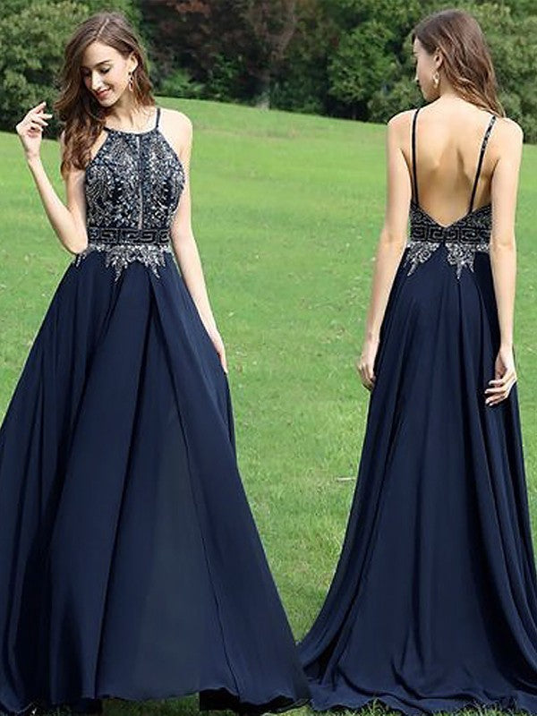 A-Line/Princess Sleeveless Halter Chiffon Beading Sweep/Brush Train Dresses