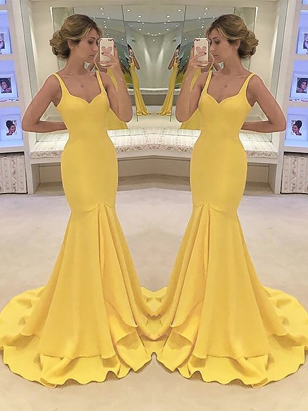 Mermaid Spaghetti Straps Sleeveless Sweep/Brush Train With Layers Crepe Dresses