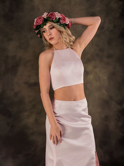 A-Line/Princess Satin Ruffles Sleeveless Sweep/Brush Train Halter Two Piece Dresses