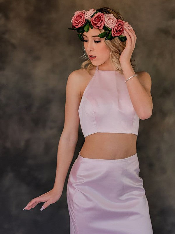 A-Line/Princess Satin Ruffles Sleeveless Sweep/Brush Train Halter Two Piece Dresses