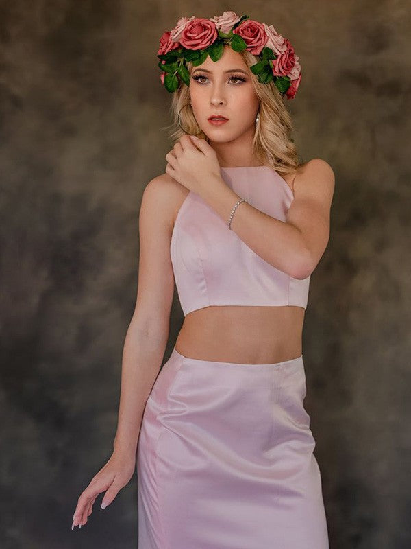 A-Line/Princess Satin Ruffles Sleeveless Sweep/Brush Train Halter Two Piece Dresses