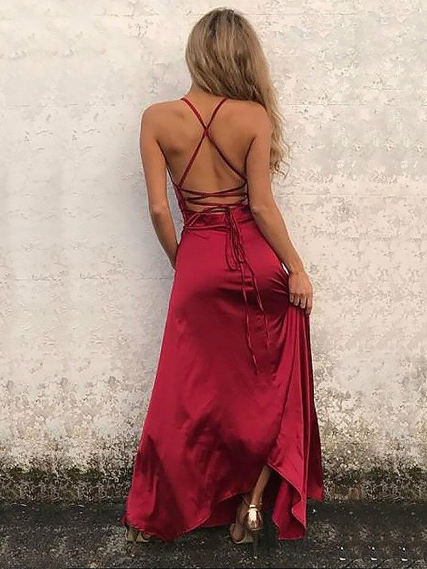 A-Line Spaghetti Straps Sleeveless Floor-Length With Ruffles NS Woven Satin Dresses
