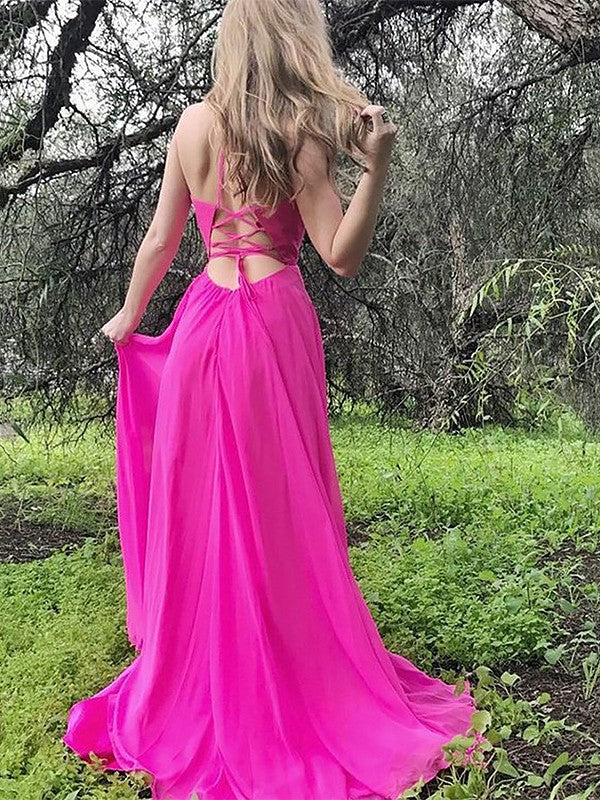 A-Line Spaghetti Straps Sleeveless Sweep/Brush Train With Ruffles Chiffon Dresses