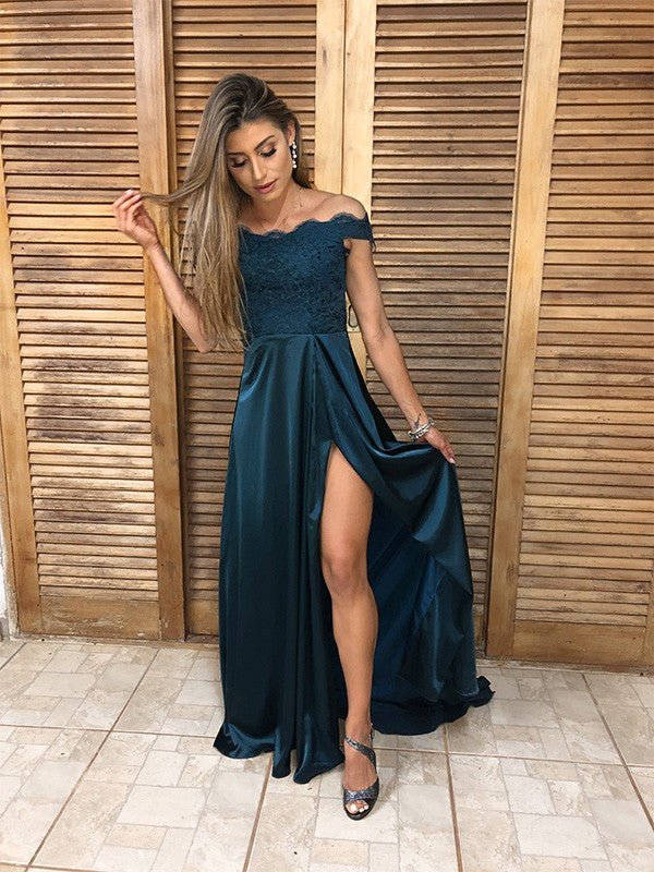 A-Line/Princess Silk like Satin Lace Off-the-Shoulder Sleeveless Sweep/Brush Train Dresses