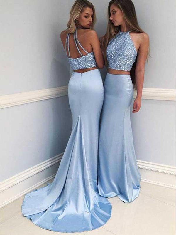 Sheath Halter Sleeveless Sweep/Brush Train With Beading Woven Satin Two Piece Dresses