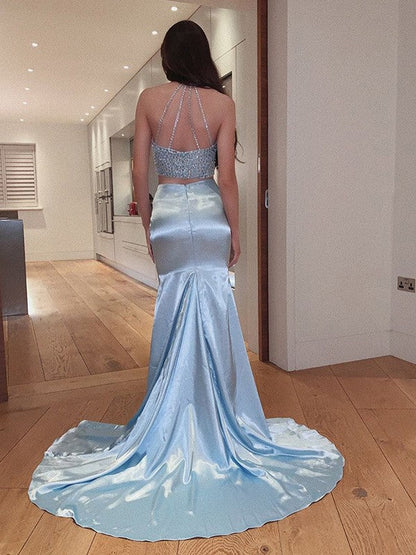 Sheath/Column Woven Satin Beading Halter Sleeveless Sweep/Brush Train Two Piece Dresses
