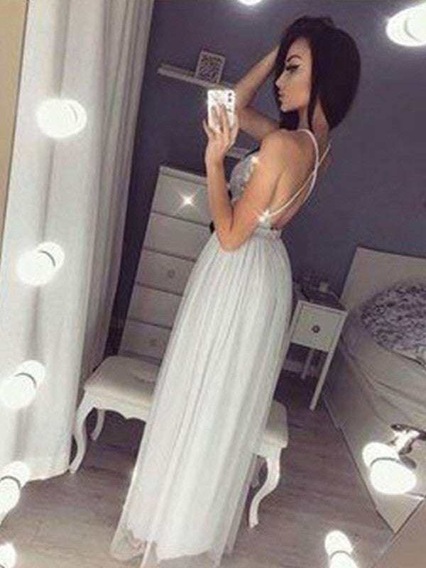 A-Line/Princess Straps V-neck Sleeveless Ruched Chiffon Beading Floor-Length Dresses