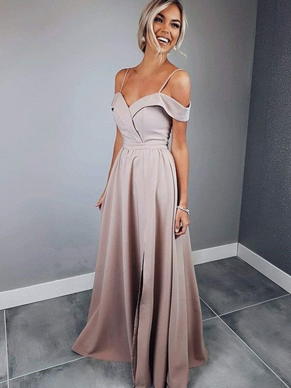A-Line/Princess Spaghetti Straps Short Sleeves Floor-Length Ruched Crepe Dresses