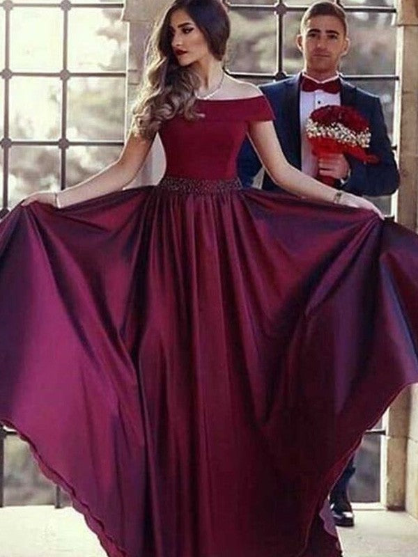 A-Line/Princess Off-the-Shoulder Short Sleeves Sweep/Brush Train Ruched Satin Dresses