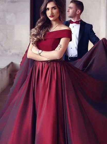 A-Line/Princess Off-the-Shoulder Short Sleeves Sweep/Brush Train Ruched Satin Dresses