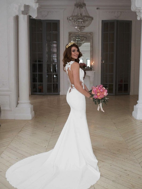Trumpet/Mermaid Scoop Sleeveless Sweep/Brush Train Applique Crepe Wedding Dresses