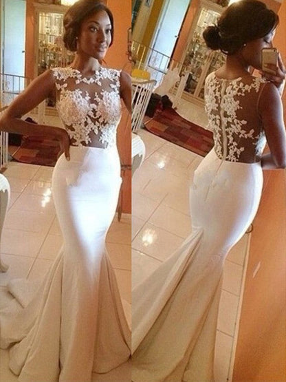 Trumpet/Mermaid Scoop Sleeveless Sweep/Brush Train Lace Crepe Wedding Dresses