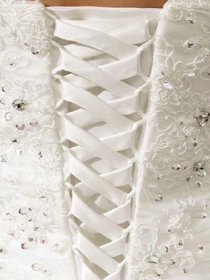 Ball Gown Sleeveless Strapless Cathedral Train Beading Lace Pleats Organza Wedding Dresses