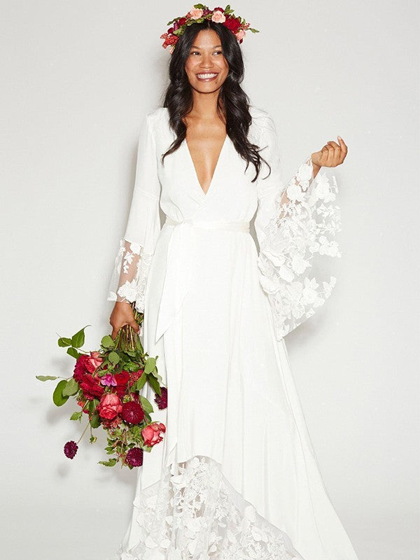 A-Line/Princess V-neck Lace Sash/Ribbon/Belt Chiffon Long Sleeves Sweep/Brush Train Wedding Dresses