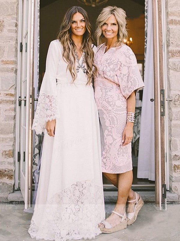 A-Line/Princess V-neck Lace Sash/Ribbon/Belt Chiffon Long Sleeves Sweep/Brush Train Wedding Dresses