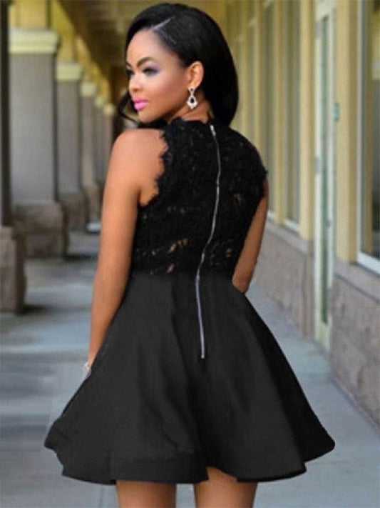 A-Line Sleeveless Jewel Cut Short With Lace Satin Black Homecoming Dresses