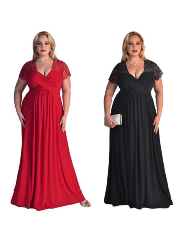 A-Line/Princess Short Sleeves V-neck Floor-Length Lace Chiffon Plus Size Dresses