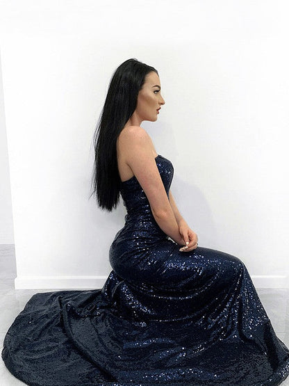 Trumpet/Mermaid Sequins Strapless Ruffles Sleeveless Sweep/Brush Train Dresses