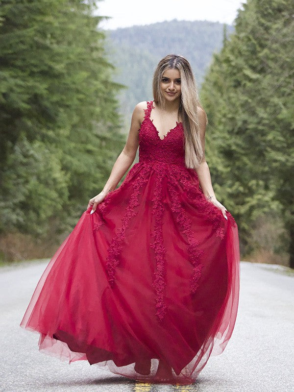 A-Line/Princess Applique Tulle Sleeveless V-neck Floor-Length Dresses