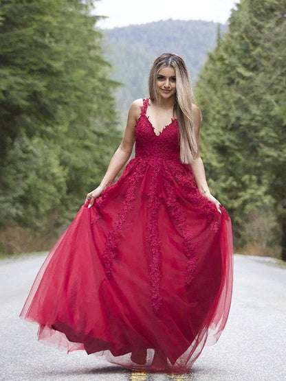 A-Line/Princess Applique Tulle Sleeveless V-neck Floor-Length Dresses