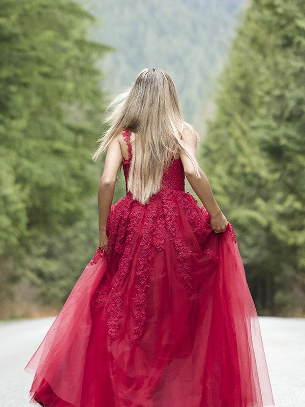 A-Line/Princess Applique Tulle Sleeveless V-neck Floor-Length Dresses