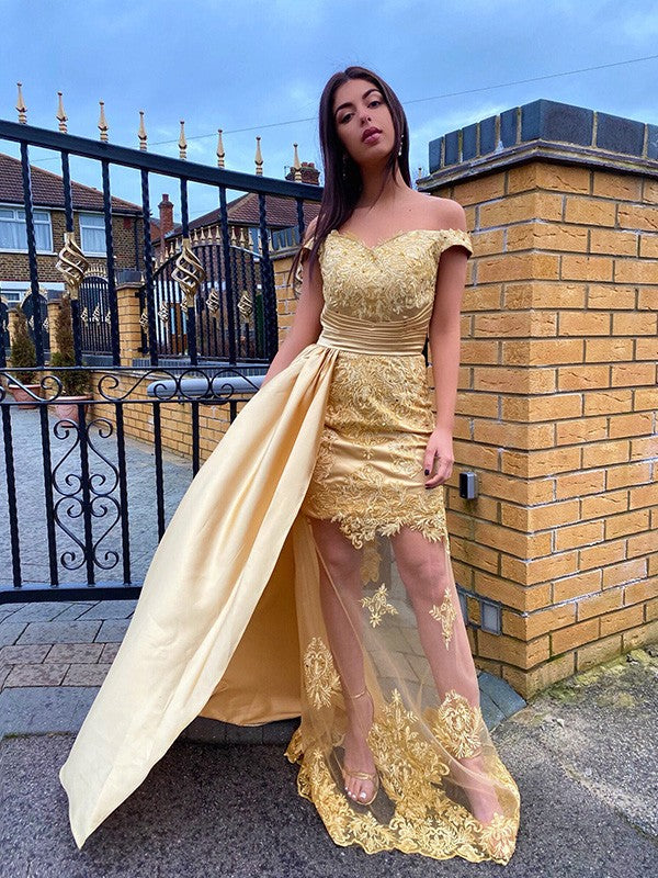 Sheath/Column Off-the-Shoulder Sweep/Brush Train Woven Satin Applique Sleeveless Dresses