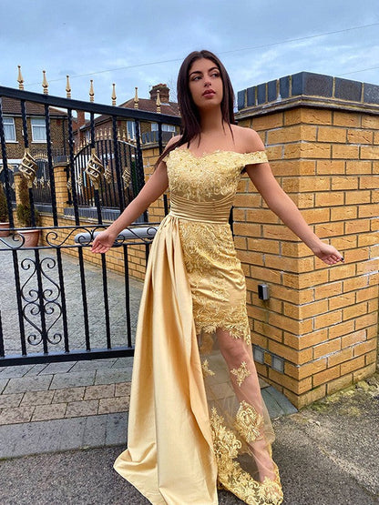 Sheath/Column Off-the-Shoulder Sweep/Brush Train Woven Satin Applique Sleeveless Dresses