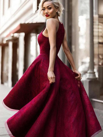 A-Line/Princess Sleeveless Jewel Asymmetrical Ruffles Lace Dresses