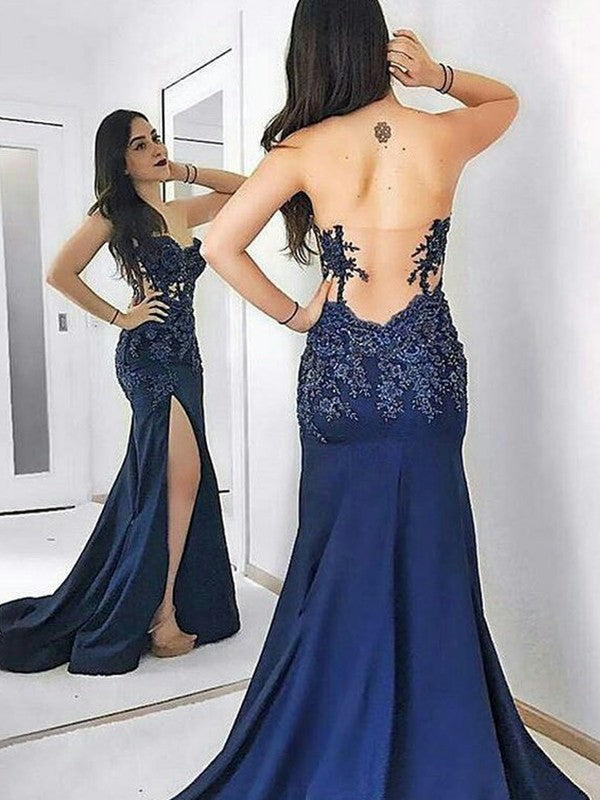 Sheath/Column Sleeveless Sweetheart Sweep/Brush Train Lace Woven Satin Dresses
