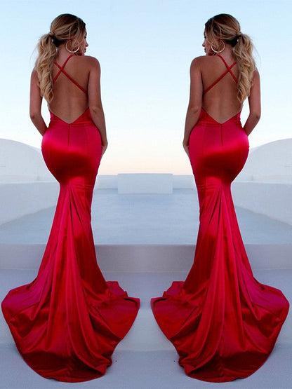 Trumpet/Mermaid Sleeveless Halter Sweep/Brush Train Ruffles Silk like Satin Dresses