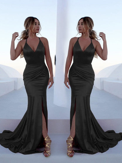 Trumpet/Mermaid Sleeveless Halter Sweep/Brush Train Ruffles Silk like Satin Dresses