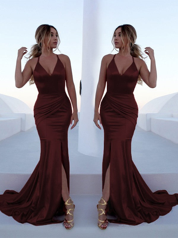 Trumpet/Mermaid Sleeveless Halter Sweep/Brush Train Ruffles Silk like Satin Dresses