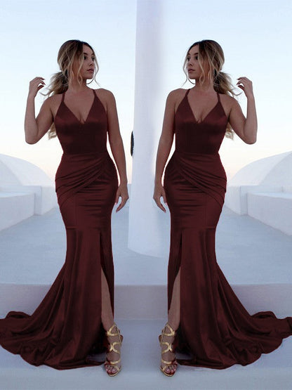 Trumpet/Mermaid Sleeveless Halter Sweep/Brush Train Ruffles Silk like Satin Dresses