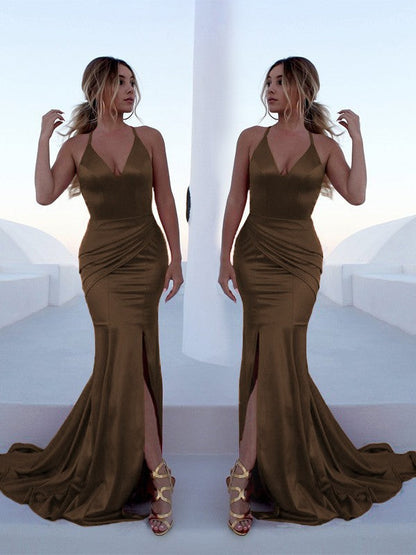 Trumpet/Mermaid Sleeveless Halter Sweep/Brush Train Ruffles Silk like Satin Dresses