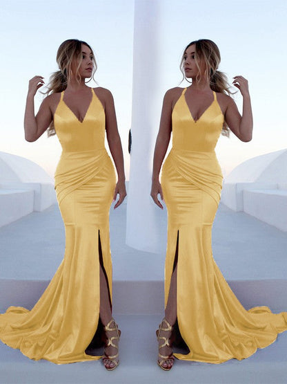 Trumpet/Mermaid Sleeveless Halter Sweep/Brush Train Ruffles Silk like Satin Dresses