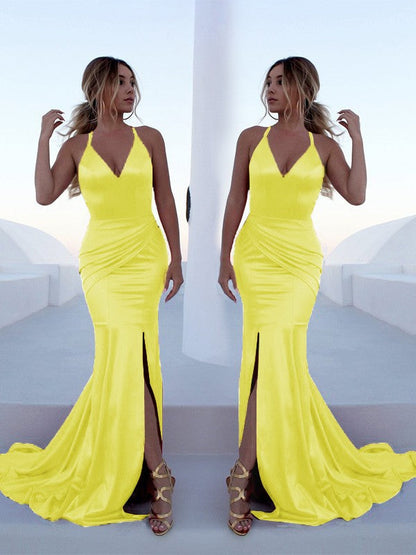 Trumpet/Mermaid Sleeveless Halter Sweep/Brush Train Ruffles Silk like Satin Dresses