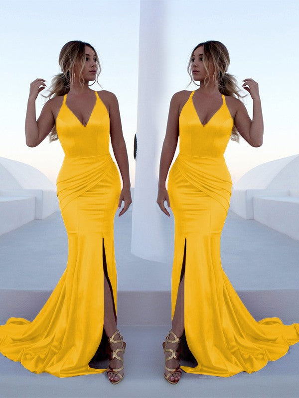 Trumpet/Mermaid Sleeveless Halter Sweep/Brush Train Ruffles Silk like Satin Dresses