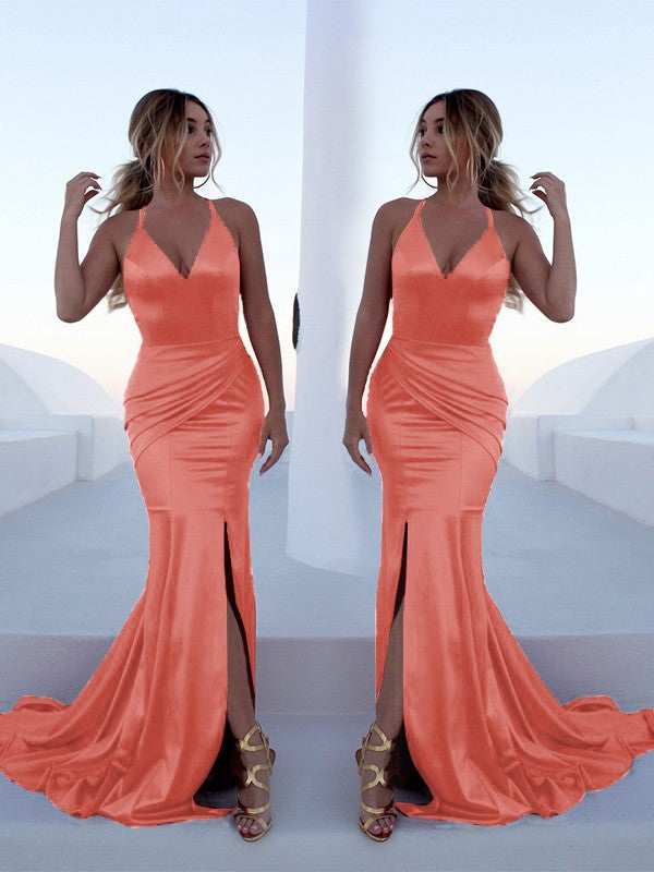 Trumpet/Mermaid Sleeveless Halter Sweep/Brush Train Ruffles Silk like Satin Dresses