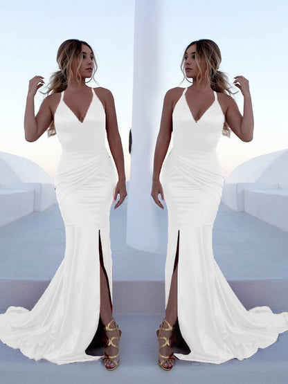 Trumpet/Mermaid Sleeveless Halter Sweep/Brush Train Ruffles Silk like Satin Dresses