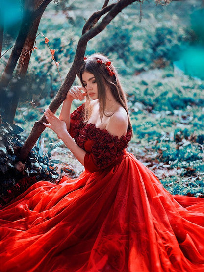 A-Line/Princess Tulle 1/2 Sleeves Hand-Made Flower Off-the-Shoulder Sweep/Brush Train Dresses