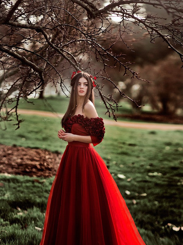 A-Line/Princess Tulle 1/2 Sleeves Hand-Made Flower Off-the-Shoulder Sweep/Brush Train Dresses