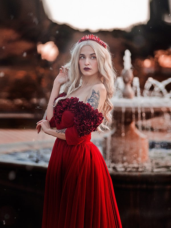 A-Line/Princess Tulle 1/2 Sleeves Hand-Made Flower Off-the-Shoulder Sweep/Brush Train Dresses