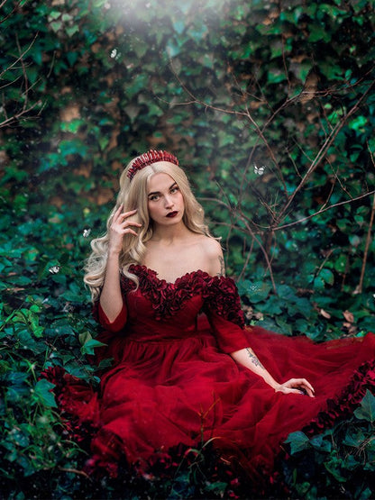 A-Line/Princess Tulle 1/2 Sleeves Hand-Made Flower Off-the-Shoulder Sweep/Brush Train Dresses