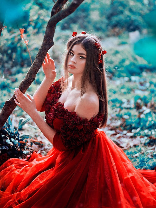 A-Line/Princess Tulle 1/2 Sleeves Hand-Made Flower Off-the-Shoulder Sweep/Brush Train Dresses