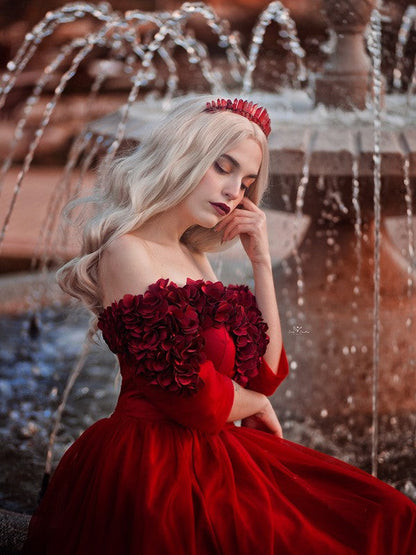 A-Line/Princess Tulle 1/2 Sleeves Hand-Made Flower Off-the-Shoulder Sweep/Brush Train Dresses