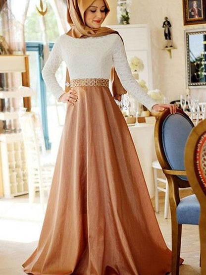 A-Line/Princess Long Sleeves Scoop Sweep/Brush Train Lace Satin Muslim Dresses