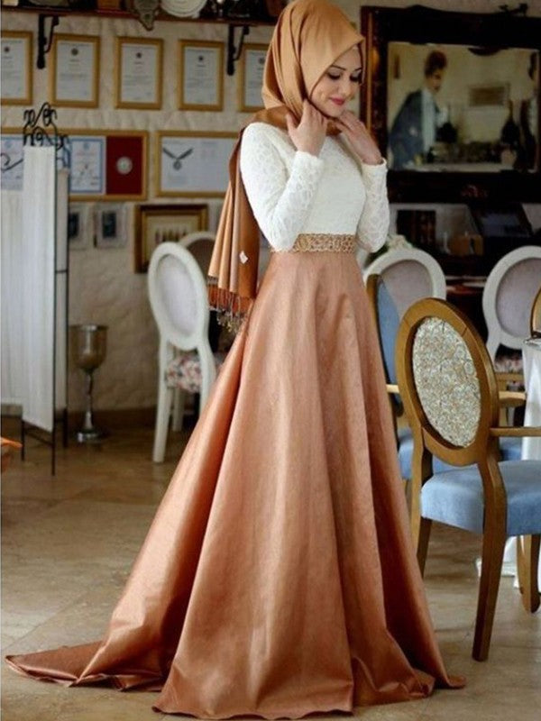 A-Line/Princess Long Sleeves Scoop Sweep/Brush Train Lace Satin Muslim Dresses