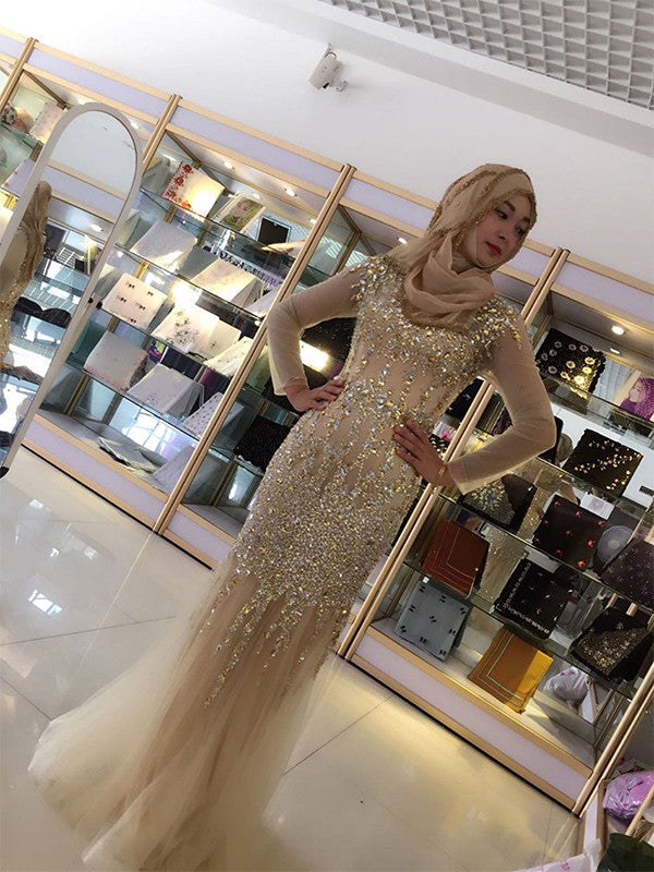 Sheath/Column Long Sleeves Scoop Floor-Length Sequin Tulle Muslim Dresses