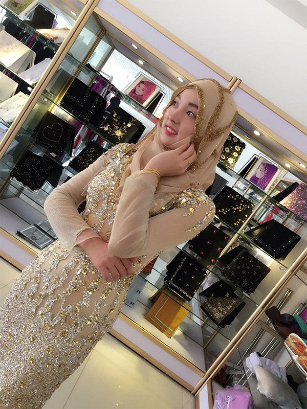 Sheath/Column Long Sleeves Scoop Floor-Length Sequin Tulle Muslim Dresses